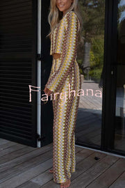 Tamia Knit Colorful Wave Unique Print Crop Top and Stretch Wide Leg Pants Set
