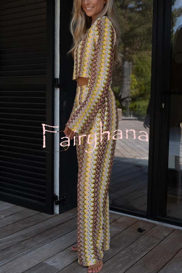 Tamia Knit Colorful Wave Unique Print Crop Top and Stretch Wide Leg Pants Set