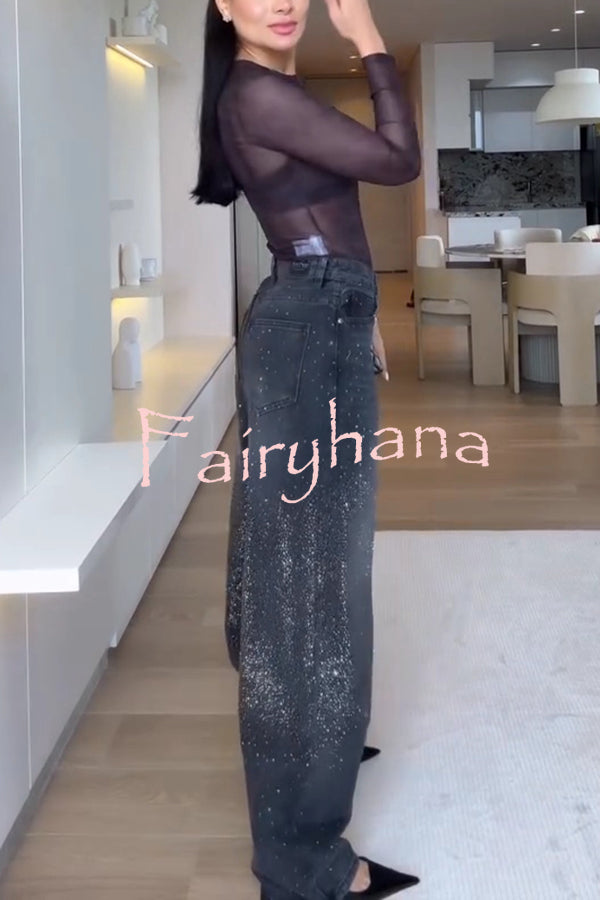 Fashion Star Rhinestone High Rise Casual Pocket Straight Loose Jeans