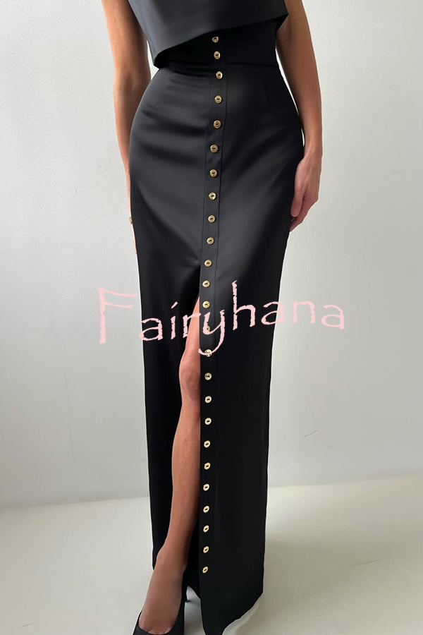 Solid Color Casual Sleeveless Crop Top and Elegant Button-down Maxi Skirt Set