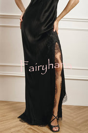 Elegant Splicing Lace Suspenders V-neck Sexy Slit Maxi Dress
