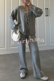 Solid Color V-neck Tie Long-sleeved Loose Knit Cardigan and Elastic Waist Casual Straight Leg Pants Set