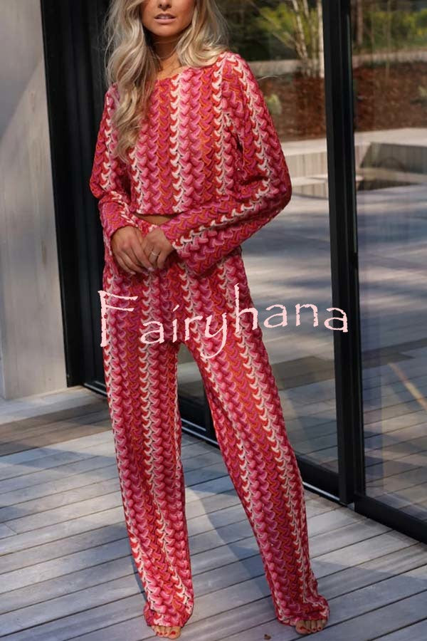 Tamia Knit Colorful Wave Unique Print Crop Top and Stretch Wide Leg Pants Set