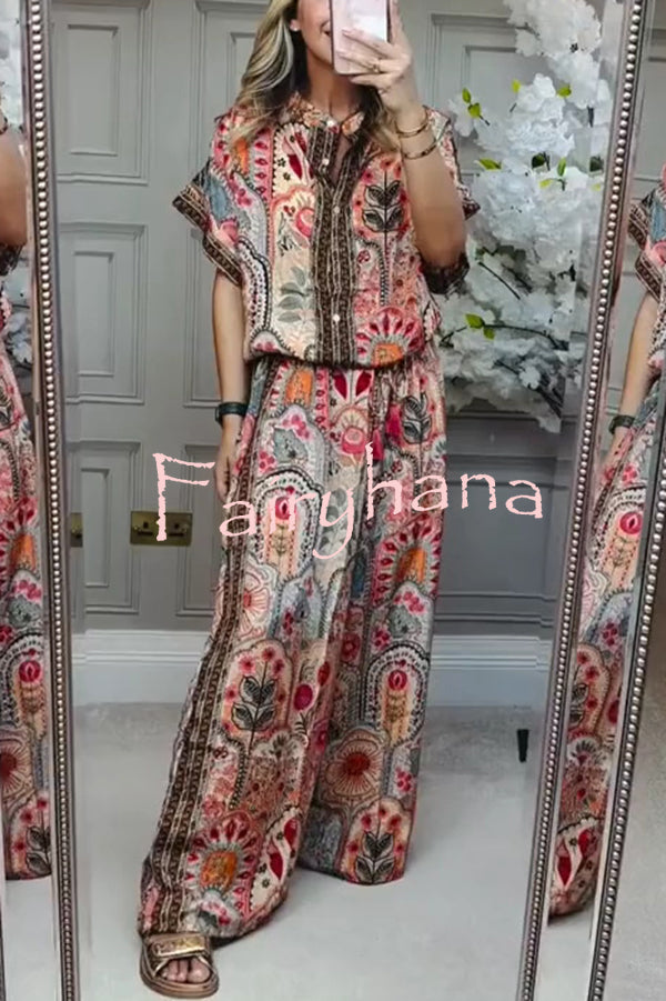 Unique Printed Loose Short-sleeved Top and Elastic Waist Casual Wide-leg Pants Set