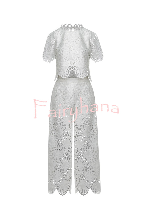 Eliose Scallop Cutout Embroidery Lace Short Sleeve Loose Top