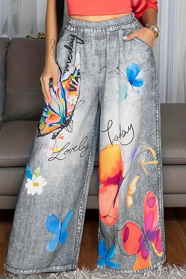 Butterfly Print Casual Elastic Waist Pocket Faux Denim Straight-Leg Pants