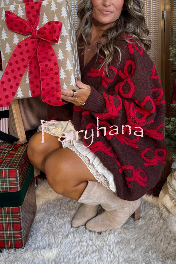 Santa Baby Knit Bow Color Block Button Up Long Sleeve Oversized Fit Cardigan