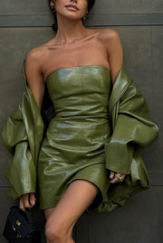 Sexy Tube Top Back Zipper Slim Leather Mini Dress