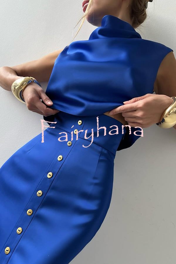 Solid Color Casual Sleeveless Crop Top and Elegant Button-down Maxi Skirt Set