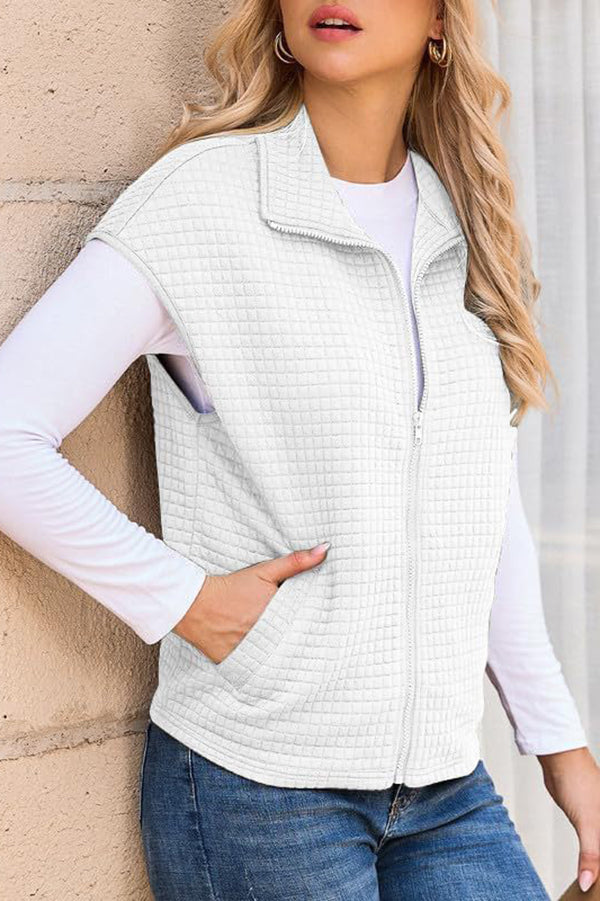 Solid Waffle Sleeveless Zipper Pocket Casual Vest