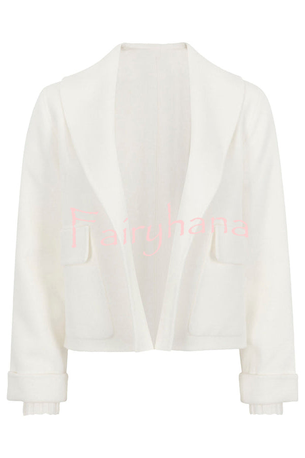 Comfortable Season Shawl Collar Open-front Long Sleeve Flap Pockets Crop Coat