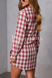 Ashroot Plaid Button Up Wrap Tie Long Sleeve Shirt Mini Dress