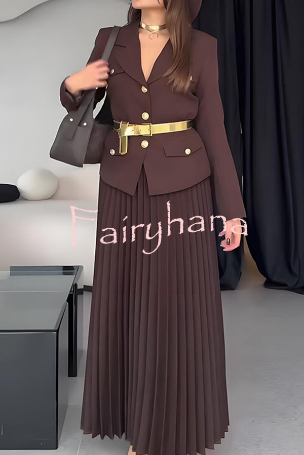 Solid Color Lapel Button Belt Blazer and Pleated Casual Maxi Skirt Set