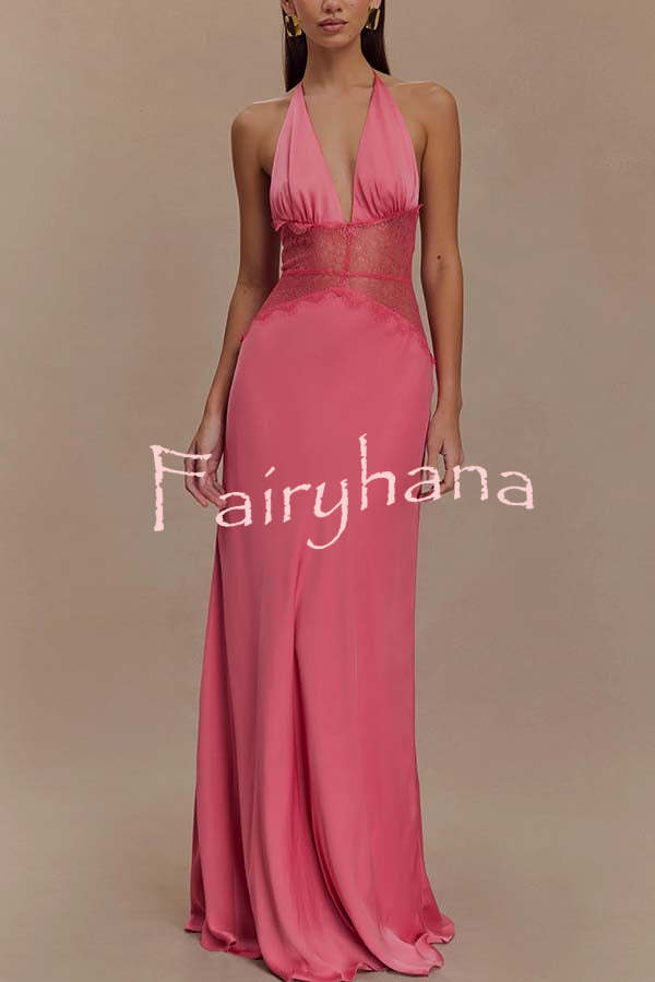 Seductive Details Satin Lace Waist Halter Tie-up Backless Maxi Dress
