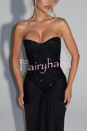 Carina Sequined and Satin Jersey Off Shoulder Ruched Knot Drape Maxi Dress