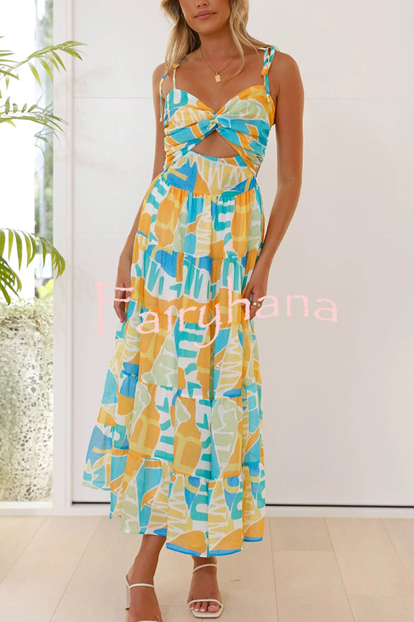 Unique Printed Suspender Tie Back Pleated Midi Dress