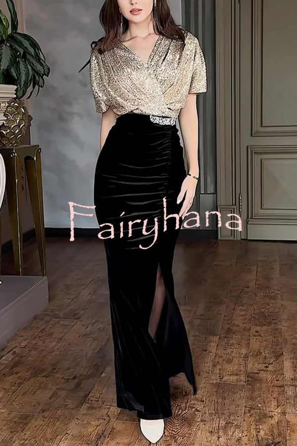 Elegant V-neck Sequined Velvet Stitching Sexy Slit Maxi Dress