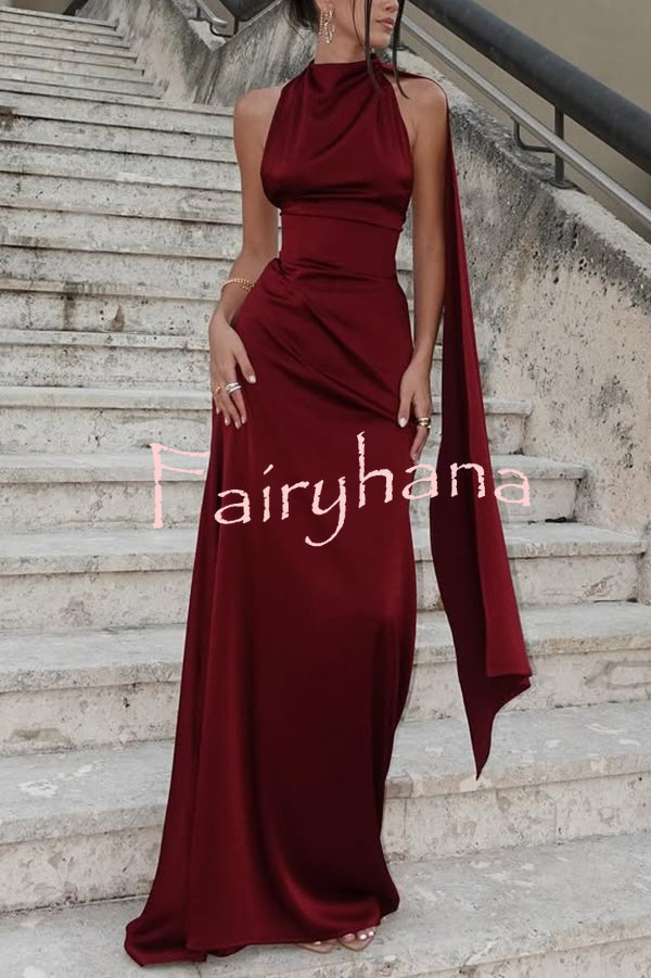 Solid Color Satin Elegant Sleeveless Waist Maxi Dress