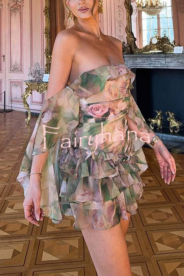 Chiffon Floral Print Elegant Multi-Layered Ruffle Mini Dress