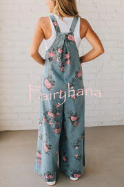 Fashion Floral Print Casual Button Pocket Loose Denim Overalls
