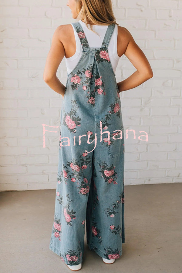 Fashion Floral Print Casual Button Pocket Loose Denim Overalls