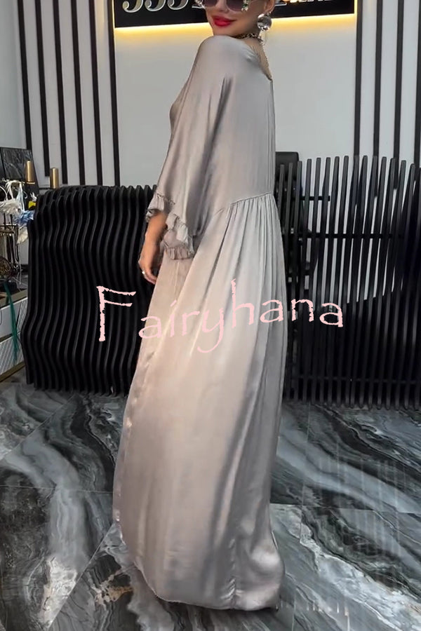 Satin Solid Color V-neck Lotus Leaf Sleeve Loose Pleated Maxi Dress