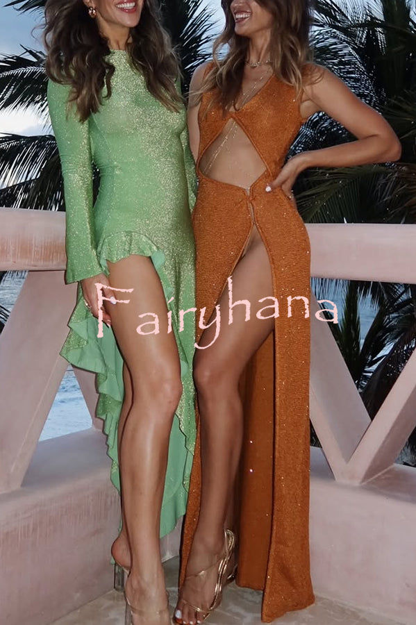 Beautiful Figure Shiny Knit Fabric Cutout Side Slit Stretch Vacation Maxi Dress