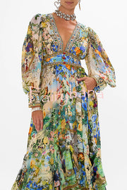 Fairy Tale Print V-Neck Lantern Sleeve Waist Maxi Dress
