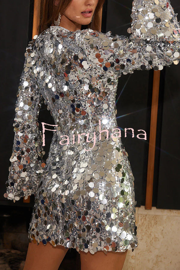 Fashionable and Dazzling Large Sequins Long Bell Sleeve H-line Mini Dress