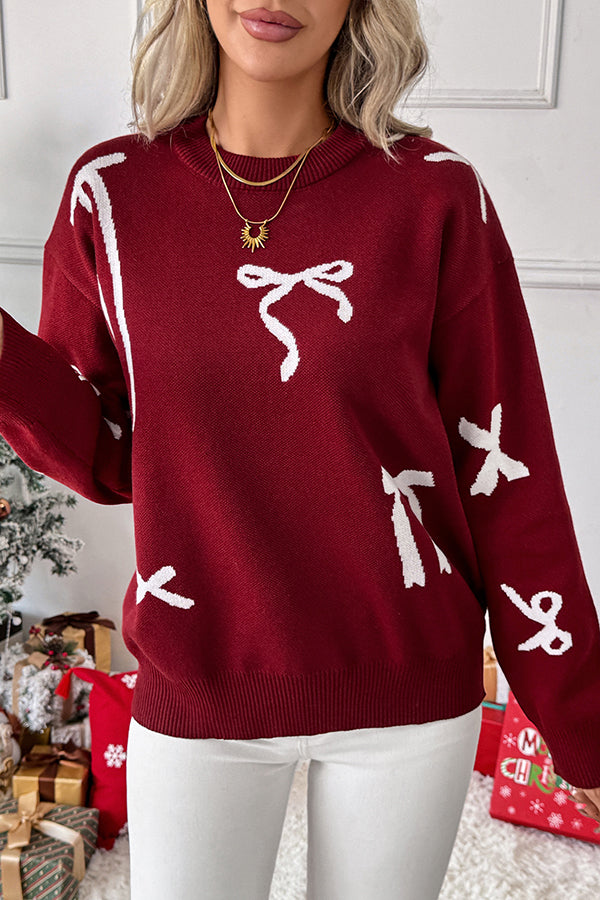 Christmas Bow Round Neck Long Sleeve Loose Knitted Sweater