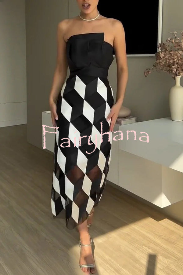 Sexy Tube Top and Backless Rhombus Contrast Midi Dress