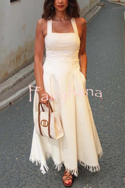 Bohemian Square Neck Pocket Tassel Holiday Maxi Dress