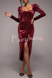 Solid Color Velvet Long-sleeved Slim-fit Slit Midi Dress