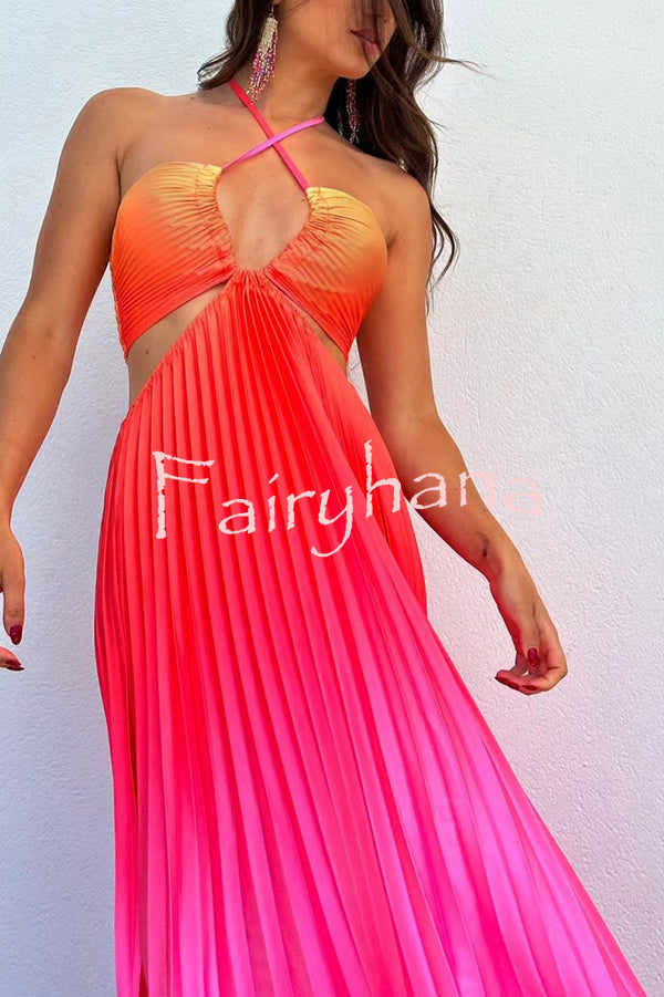 Get Ready Beautiful Gradient Print Cutout Halterneck Pleated Maxi Dress