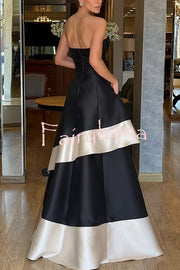 Vivian Satin Contrast Color Sweetheart Bandeau Neck Pocket Layered Maxi Dress