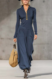 Solid Color Zip-up Long-sleeved Top and Casual Pocket Wide-leg Pants Set