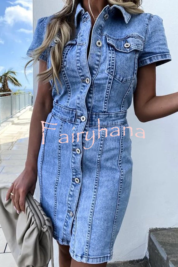 High Waist Single Breasted Denim Mini Dress