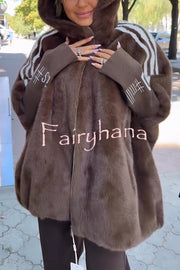 Fashion Sports Stripe Print and Ribbed Embroidered Long Sleeve Zipper Pocket Hooded Plush Coat