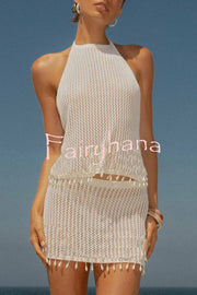 Fashion Knit Hollow Back Top and Embellished Fitted Stretch Beach Mini Skirt Set