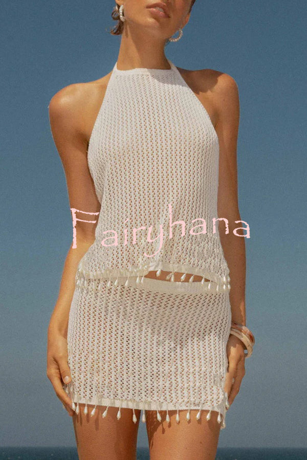 Fashion Knit Hollow Back Top and Embellished Fitted Stretch Beach Mini Skirt Set