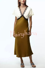 Fashionable Contrast Color V-neck Lace Stitching Maxi Dress