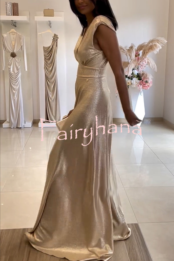 Roisin Metallic Fabric Ruched Shoulder V-neck Wide Leg Drape Jumpsuit