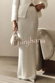 Solid Color Long-sleeved Button-pocket Knitted Jacket and Elegant Long Skirt Set