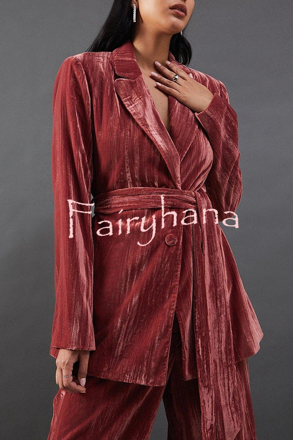 Solid Color Velvet Long-sleeved Waist Tie Top and Elastic Waist Casual Pocket Straight-leg Pants Set