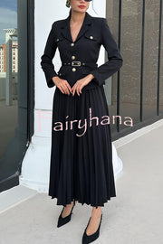 Solid Color Lapel Button Belt Blazer and Pleated Casual Maxi Skirt Set