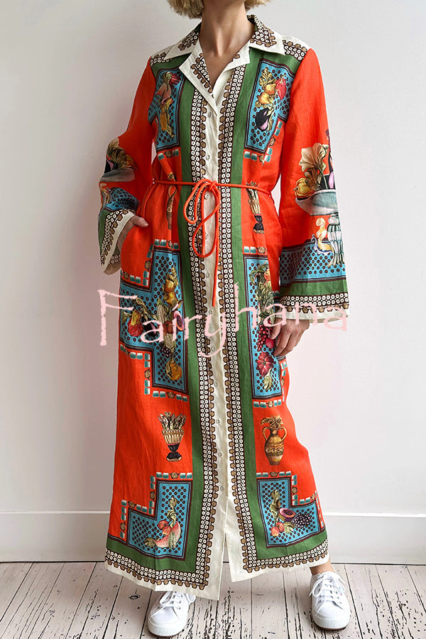 Linen Blend Unique Print Tie-waist Casual Maxi Dress