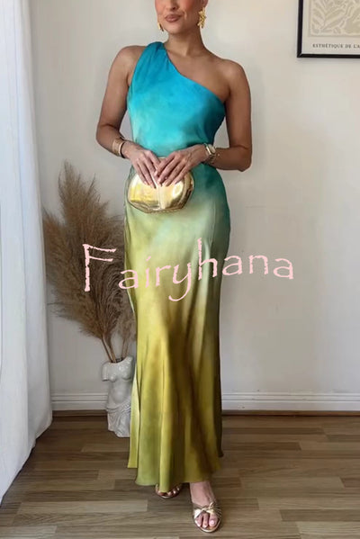 Satin Ombre One Shoulder Backless Fitted Maxi Dress