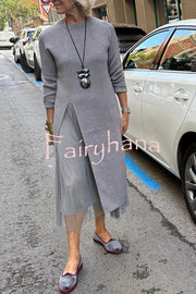 Jollie Knit Long Sleeve Front Slit Midi Sweater and Pleated Tulle Stretch Tank Midi Dress Two-piece Set