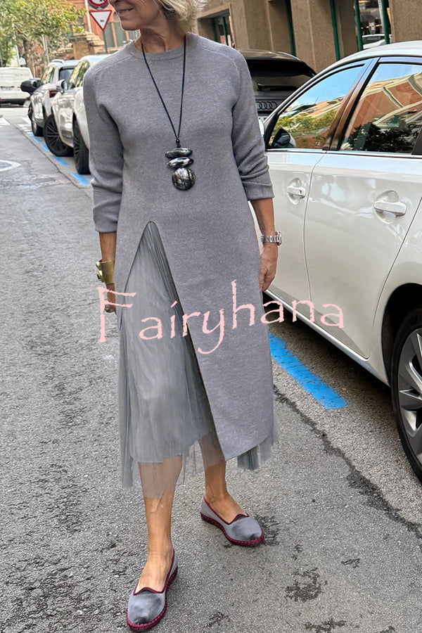 Jollie Knit Long Sleeve Front Slit Midi Sweater and Pleated Tulle Stretch Tank Midi Dress Two-piece Set