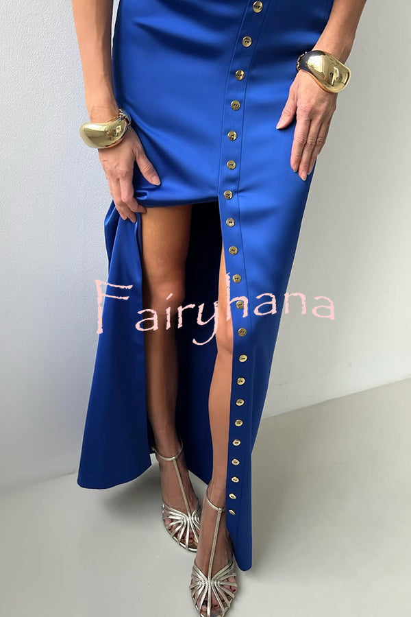 Solid Color Casual Sleeveless Crop Top and Elegant Button-down Maxi Skirt Set